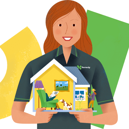 Illustration of a lady in Remedy uniform, holding a house with a person sitting on their couch reading a newspaper in front of their dog
